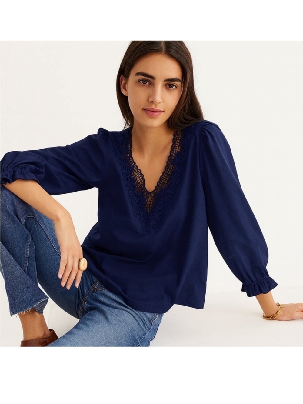 J Crew V-neck Top with Eyelet Trim in Dark Blue M Medium BL038 Lace Peasant Top